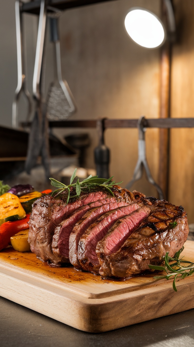 Grilled London broil sliced on a cutting board, garnished with herbs, with roasted vegetables on the side.